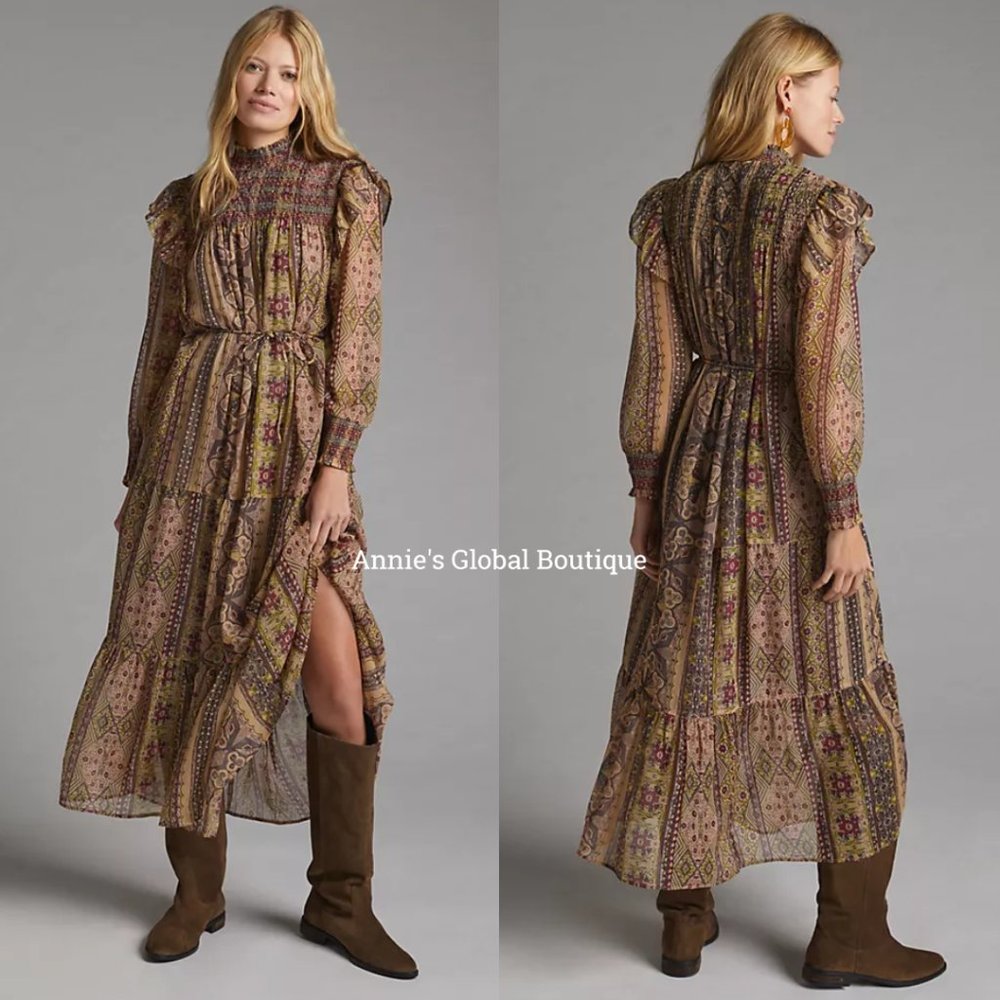 NWT ANTHROPOLOGIE Llani Smocked Tiered Midi Dress. Size M - Picture 2 of 16